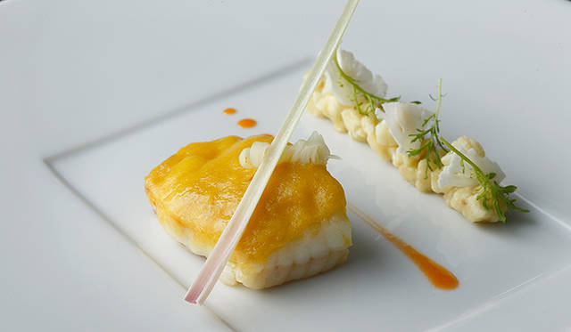「クリエイティブコース」<Br / > レモンのクルートを纏った平目<Br / > カリフラワーのキュイとクリュ