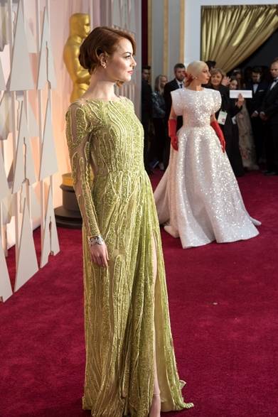 <strong>Emma Stone｜エマ・ストーン</strong></br></br>映画『バードマン　あるいは（無知がもたらす予期せぬ奇跡）』で助演女優賞をノミネートされたエマ・ストーン。</br></br>ドレス：エリー サーブ</br>サンダル：クリスチャン ルブタン