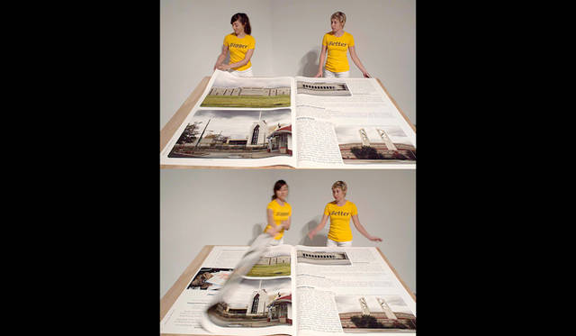 Lisa Anne Auerbach, American Megazine #1, 2013. Ink on paper. Installation view with mega-girls, Los Angeles Municipal Art Gallery, 2013. Photo by Lisa Anne Auerbach, courtesy of Lisa Anne Auerbach and Gavlak. © Lisa Anne Auerbach