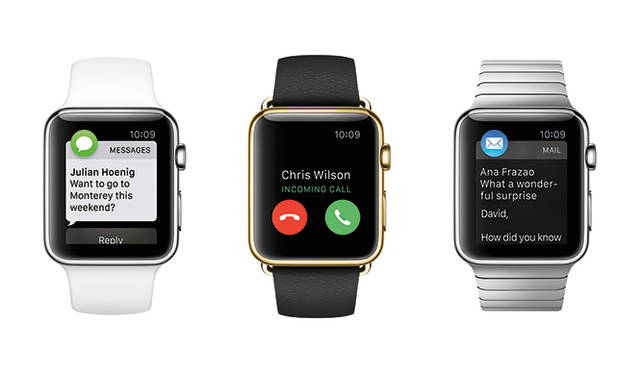 ケースの種類は、3種類。左からシルバーアルミニウム（Apple Watch Sports）、イエローまたはローズの18K（Apple Watch Edition）、ステンレススチール（Apple Watch）