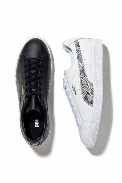 <strong>PUMA｜プーマ</strong><br />サイドにパイソン風の型押し素材を使った「プーマ」のスニーカー。ノーブルな黒とカジュアルな白の2色展開。エストネーション別注・大阪店先行。4月24日（金）発売。各1万9440円