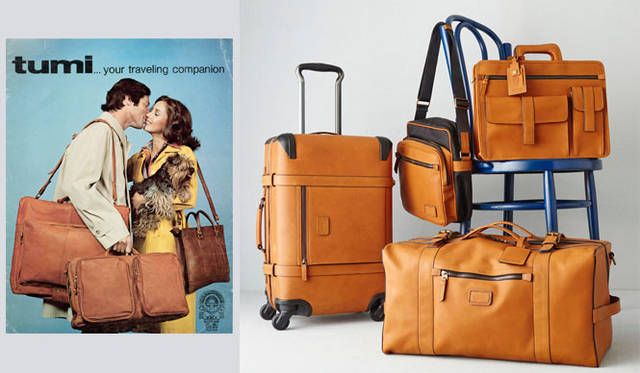 <strong>TUMI｜トゥミ</strong><br />「トゥミ 1975コレクション」<br />写真左 創業当初の広告ビジュアル　写真右 左から時計回りで、インターナショナル・キャリーオン32万4000円（タン）、N/S クロスボディ8万4240円（ブラック / タン）、スリム・ブリーフ16万2000円（タン）、スクエア・ダッフル25万3800円（タン）