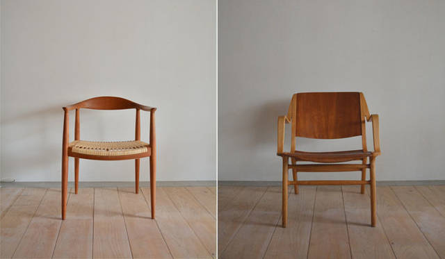 <strong>ACTUS｜アクタス</strong><br />アクタス新宿店「ヴィンテージ家具オークション」<br />左／「AX CHAIR」　DESIGNER：PETER HVITS &ORLA MULGAARD-NIELSEN（ピーター・ヴィッツ＆オーラ・ムルガード・ニールセン）、PRODUCER：FRITZ HANSEN（フリッツ　ハンセン）<br>デンマークの家具の歴史にその名を残す名作AX CHAIR。輸出用にノックダウン方式で製造されながら、プライウッドを使用した美しいデザインが魅力。<br>右／「JH-501」　DESIGNER：HANS.J.WEGNER（ハンス．J．ウェグナー）、PRODUCER：JOHANNES HANSEN（ヨハネス・ハンセン）<br>現地でもなかなか出てこないヨハネス・ハンセン社製で、かつチーク材と籐が使用された稀少なTHE CHAIR。コンディションもパーフェクト。 