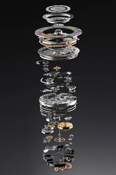 <strong>エスカル ワールドタイム ミニッツリピーター</strong><br>ケース｜18KPG（ベゼル、ラグ、リューズ）＋チタン（ミドルケース）<br>直径｜44mm<br>厚さ｜11.75mm<br>ムーブメント｜手巻き（Cal.LV235）<br>機能｜ワールドタイム、ミニッツリピーター（本国時間を報知）<br>ストラップ｜アリゲーター<br>防水性｜30ｍ<br>発売時期｜4月予定<br>予価｜3,500万円（税抜参考価格）