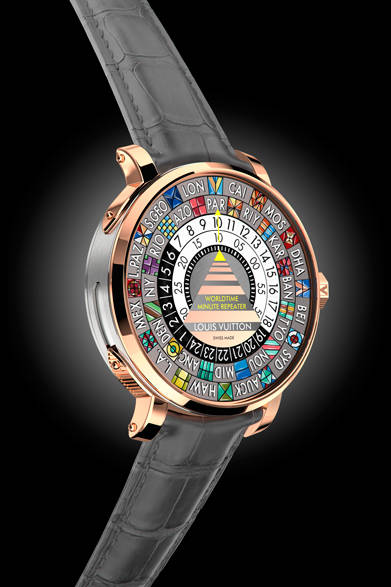 <strong>エスカル ワールドタイム ミニッツリピーター</strong><br>ケース｜18KPG（ベゼル、ラグ、リューズ）＋チタン（ミドルケース）<br>直径｜44mm<br>厚さ｜11.75mm<br>ムーブメント｜手巻き（Cal.LV235）<br>機能｜ワールドタイム、ミニッツリピーター（本国時間を報知）<br>ストラップ｜アリゲーター<br>防水性｜30ｍ<br>発売時期｜4月予定<br>予価｜3,500万円（税抜参考価格）