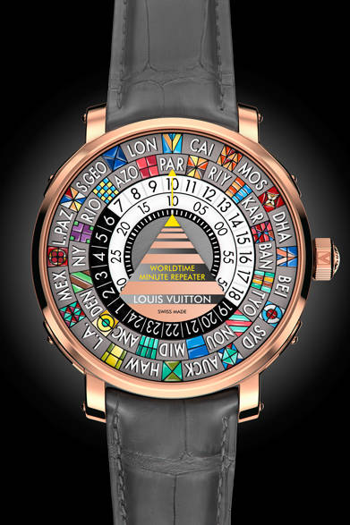 <strong>エスカル ワールドタイム ミニッツリピーター</strong><br>ケース｜18KPG（ベゼル、ラグ、リューズ）＋チタン（ミドルケース）<br>直径｜44mm<br>厚さ｜11.75mm<br>ムーブメント｜手巻き（Cal.LV235）<br>機能｜ワールドタイム、ミニッツリピーター（本国時間を報知）<br>ストラップ｜アリゲーター<br>防水性｜30ｍ<br>発売時期｜4月予定<br>予価｜3,500万円（税抜参考価格）