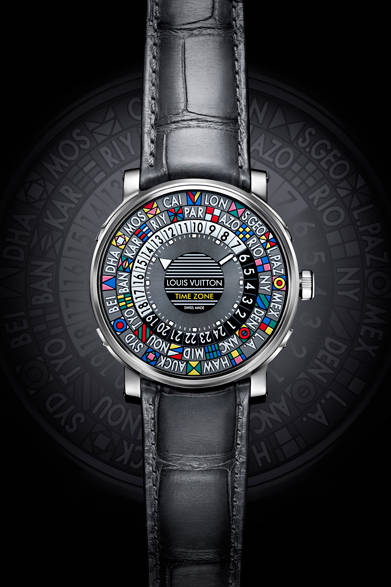 <strong>エスカル タイムゾーン</strong><br>ケース｜ステンレススチール<br>直径｜39mm<br>ムーブメント｜自動巻き（Cal.LV87）<br>機能｜ワールドタイム（24タイムゾーンの時間を表示）<br>ストラップ｜アリゲーター<br>防水性｜50ｍ<br>発売時期｜6月予定<br>予価｜81万円（税抜）