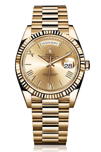 <strong>オイスター パーペチュアル <br>デイデイト 40</strong><br>ケース｜イエローゴールド<br/>直径｜40mm<br/>ムーブメント｜自動巻き（Cal.3255）<br/>機能｜日付表示、曜日表示<br/>ブレスレット｜イエローゴールド<br/>防水性｜100ｍ<br/>発売時期｜2015年夏予定<br/>予価｜332万円（税抜）<br/><br/>日本ロレックス<br />Tel. 03-3216-5671<br />http://www.rolex.com/ja<br />