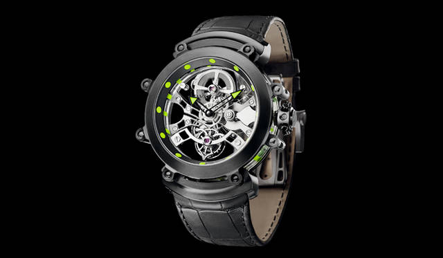 ケース｜ブラックDLC（ダイヤモンドライクカーボン）加工チタン＆サファイアクリスタル直径｜53mm厚さ｜14.89mmムーブメント｜手巻き（GG8000）機能｜トゥールビヨンストラップ｜アリゲーター防水性｜3気圧限定本数｜30本（受注生産）予価｜2420万円（税抜）