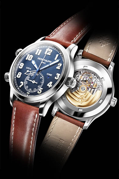 <strong>カラトラバ・パイロット・トラベルタイム5524</strong><br/>ケース｜18Kホワイトゴールド<br />直径｜42mm<br />厚さ｜10.78mm<br />ムーブメント｜自動巻き（Cal.324 S C FUS）<br />機能｜デュアルタイムゾーン表示（本国時間と現地時間をふたつの時針でそれぞれ表示）、ふたつの昼夜表示（ふたつの時間帯それぞれに対応）、プッシュボタンによる副時針の調整機能（現地時間の調整）、日付表示（6時位置のインダイヤルによるポインター式）<br />ストラップ｜カーフスキン<br />防水性｜3気圧<br />発売時期｜2015年秋以降予定<br />予価｜543万2400円<br />