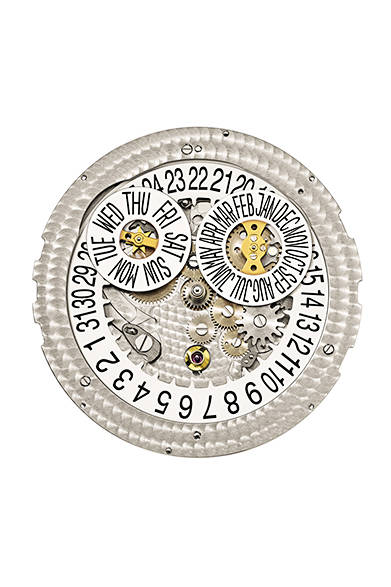 <strong>年次カレンダー搭載クロノグラフ5905P</strong><br/>ケース｜950プラチナ<br />直径｜42mm<br />厚さ｜14.03mm<br />ムーブメント｜自動巻き（Cal.CH 28-520 QA 24H）<br />機能｜月・曜日・日付表示（3月1日の日付調整のみですむ年次カレンダー機構）、クロノグラフ（60分積算計）<br />ストラップ｜アリゲーター<br />防水性｜3気圧<br />発売時期｜2015年秋以降予定<br />予価｜892万800円<br />