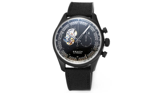 <strong>エル・プリメロ クロノマスター ナイトビジョン</strong><br />ケース｜セラミナイズドアルミニウム<br />直径｜45mm<br />厚さ｜15.3mm<br />ムーブメント｜自動巻き（Cal.4068）<br />機能｜クロノグラフ（30分積算計）、日付表示（ビッグデイト）<br />ストラップ｜ファブリックコーティングのブラックラバー<br />防水｜10気圧<br />発売時期｜7月予定<br />予価｜140万4000円