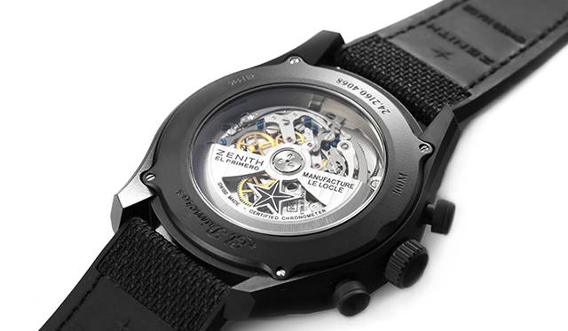 <strong>エル・プリメロ クロノマスター ナイトビジョン</strong><br />ケース｜セラミナイズドアルミニウム<br />直径｜45mm<br />厚さ｜15.3mm<br />ムーブメント｜自動巻き（Cal.4068）<br />機能｜クロノグラフ（30分積算計）、日付表示（ビッグデイト）<br />ストラップ｜ファブリックコーティングのブラックラバー<br />防水｜10気圧<br />発売時期｜7月予定<br />予価｜140万4000円