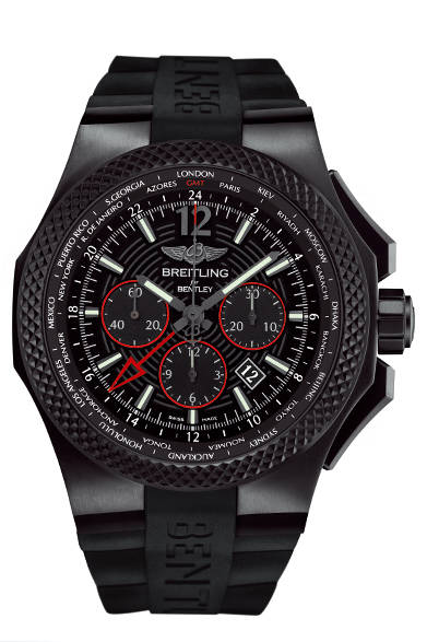 <strong>ベントレー GMT ライトボディ B04 ミッドナイトカーボン</strong><br/>ケース｜ブラック・チタン<br/>直径｜49mm<br/>ムーブメント｜自動巻き（Cal.B04）<br/>機能｜クロノグラフ（30分積算計、12時間積算計）、第2時間帯表示（センターの24時間針で本国時間を表示）、ワールドタイム表示（都市名リングを回転ベゼルで調整し、世界24タイムゾーンの時刻を表示）<br/>ストラップ｜ブラックラバー<br/>防水｜100ｍ<br/>発売時期｜2015年夏予定<br/>予価｜211万6800円<br/>