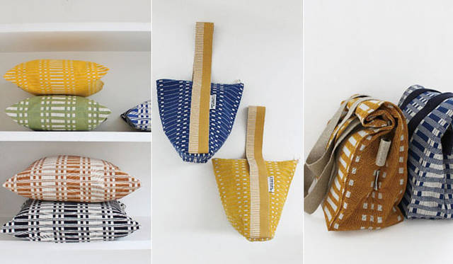 <strong>Johanna Gullichsen｜ヨハンナ・グリクセン</strong><br />左／クッションカバー上段、上からテキスタイル名「Helios（ヘリオス）」、「Tithonus（ティトナス）」、「Tithonus（ティトナス）」（サイズ40×40cm）各1万800円、下段、ともに「Tithonus（ティトナス）」（50×50cm）各1万2960円、中／テトラバッグともに「Helios（ヘリオス）」各1万4904円、右／ショッピングバッグ左から「Nereus（ネレウス）」、「Tithonus（ティトナス）」各3万4560円