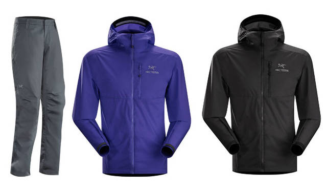 <strong>ARC’TERYX｜アークテリクス</strong><br />左／都会の自転車通勤を意識してデザインされた「A2B チノ」。身体と連動するトリムフィットで、立体構造による抜群のフィット感とマチ付クロッチにより、自転車を降りた “オフ・ザ・バイク・スタイル” を損なうことなく、サイクリストのニーズに応える。A2B チノ 1万5120円。中・右／超軽量、高耐久性の折りたたみ式ウィンドシェルで、チェストポケットに畳み込んで非常にコンパクトに収納できる「Squamish Hoody」。ロッククライミング、ハイキングやバイクツーリングにも最適で、急な天候の変化にも安心して対応できる。Squamish Hoody 1万9440円