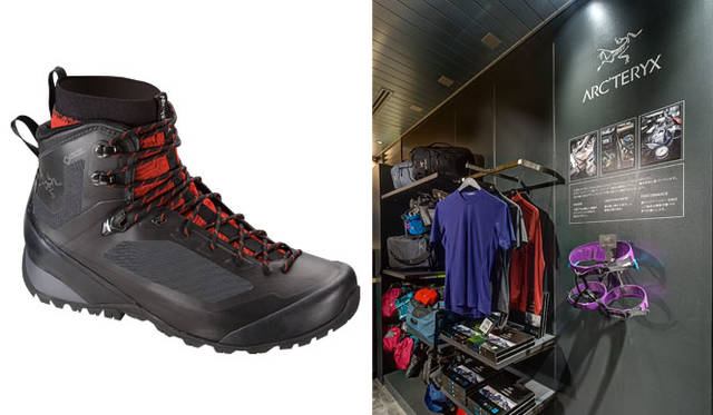 <strong>ARC’TERYX｜アークテリクス</strong><br />左／縫い目のない１枚のサーマルラミネートアッパーと、その下に敷かれる、取り替え可能な伸縮性に優れたライナーのブーツ。移り変わる環境下でさまざまな地形を長時間に渡って歩くことを想定した万能型テクニカルハイキングフットウェア。Bora<sup>2</sup> Mid GTX ミッドハイキングブーツ4万5360円。右／広々とした店内の一角にハーネスが飾られている