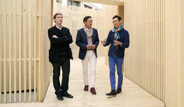 左から、空間デザインを担当したフィリップ・ニグロ氏、レクサスインターナショナルの福市得雄プレジデント、味覚を担当した「ハジメ」の米田肇氏