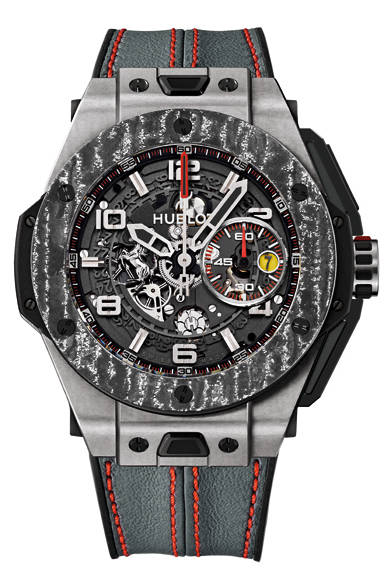 <strong>ビッグ・バン フェラーリ カーボン チタニウム</strong><br />ケース｜チタニウム（マイクロブラスト加工）<br />ベゼル｜カーボンファイバー×チタニウム<br />直径｜45mm<br />ムーブメント｜自動巻き（Cal.HUB1241 Unicoウブロ自社開発＋製造）<br />機能｜フライバッククロノグラフ（60分積算計）、日付表示<br />ストラップ｜グレースケドーニレザー＋ブラックラバー（取り替え用アルカンターストラップ付属）<br />防水｜10気圧<br />限定数｜世界1000本<br />発売時期｜2015年7月予定<br />価格｜300万2400円