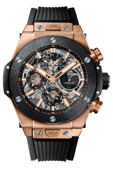 <strong>ビッグ・バン クロノ パーペチュアルカレンダー キングゴールド セラミック</strong><br><br> ケース｜18Kキングゴールド（ポリッシュ＆サテン仕上げ）<br>ベゼル｜ブラックセラミック<br>直径｜45mm<br>ムーブメント｜自動巻き（Cal.HUB1270 Unico）<br>機能｜月・曜日・日付・閏年表示（21世紀中の日付調整が不要のパーペチュアルカレンダー）、クロノグラフ（60分積算計）、月齢表示<br> ストラップ｜ブラックラバー<br>防水｜3気圧<br>発売時期｜2015年末予定<br>価格｜891万円<br>