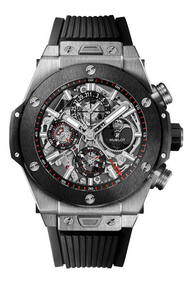 <strong>ビッグ・バン クロノ パーペチュアルカレンダー セラミック</strong><br />ケース｜チタニウム（ポリッシュ＆サテン仕上げ）<br>ベゼル｜ブラックセラミック<br />直径｜45mm<br>ムーブメント｜自動巻き（Cal.HUB1270 Unico）<br>機能｜月・曜日・日付・閏年表示（21世紀中の日付調整が不要のパーペチュアルカレンダー）、クロノグラフ（60分積算計）、月齢表示<br>ストラップ｜ブラックラバー<br>防水｜3気圧<br>発売時期｜2015年末予定<br>価格｜697万7600円<br>