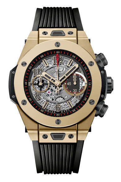 <strong>ビッグ・バン ウニコ フルマジックゴールド</strong><br><br> ケース｜マジックゴールド（ポリッシュ仕上げ）<br> 直径｜45mm<br> ムーブメント｜自動巻き（Cal.HUB1242 Unico）<br> 機能｜フライバッククロノグラフ（60分積算計）、日付表示<br> ストラップ｜ブラックラバー<br> 防水｜10気圧<br>発売時期｜12月予定<br>予価｜3844万4800円