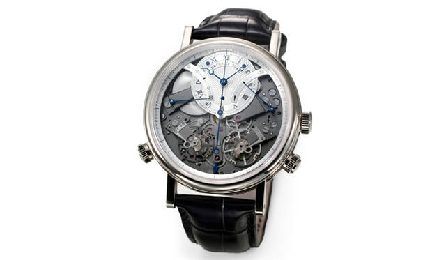 <strong>トラディション インディペンデント クロノグラフ 7077</strong><br />ケース｜18Kホワイトゴールド<br />直径｜44mm<br />ムーブメント｜手巻き（Cal.580DR）<br />機能｜クロノグラフ（リセットボタン操作で専用の動力を蓄積、時刻表示版左側に20分積算計）、パワーリザーブ表示（時刻表示版右側）<br />ストラップ｜アリゲーター<br />防水｜3気圧<br />発売時期｜2015年秋予定<br />予価｜863万円（税抜）