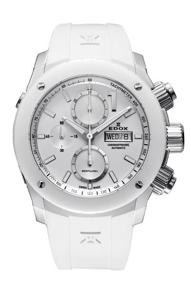 <strong>クロノオフショア1<br />オートマティック</strong><br /> <br />  ケース｜ステンレススチール＋ホワイトセラミックベゼル<br /> 直径｜45mm<br /> ムーブメント｜自動巻き（Cal.EDOX011）<br /> ストラップ｜ホワイトラバー<br /> 防水｜500ｍ<br /> 発売時期｜6月予定<br /> 予価｜39万9600円<br />