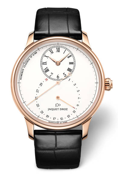 <strong>グラン・セコンド デッドビート</strong><br/>ケース｜18Kレッドゴールド<br/>直径｜43mm<br/>ムーブメント｜自動巻き（Cal.JD 2695 SMR）<br/>機能｜ポインター式日付表示（扇形に針が動くレトログラード式）<br/>ストラップ｜アリゲーター<br/>防水｜3気圧<br/>限定数｜88本<br/>発売時期｜10月以降予定<br/>予価｜357万4800円<br/>