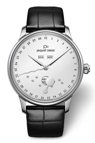 <strong>エクリプス シルバー</strong><br />ケース｜ステンレススチール<br />直径｜43mm<br />ムーブメント｜手巻き（JD 6553L2）<br />機能｜月表示、曜日表示、日付表示（センターの指針で表示）、月齢表示（彫金された月にディスクが被さって月の満ち欠けを表示）<br />ストラップ｜アリゲーター<br />防水｜3気圧<br />発売時期｜8月以降予定<br />予価｜179万2800円<br />