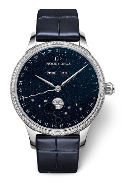 <strong>エクリプス アベンチュリン</strong> <br /> <br /> ケース｜ステンレススチール（外周にダイヤモンド）<br /> 直径｜39mm<br /> ムーブメント｜手巻き（JD 6553L2）<br /> 機能｜月表示、曜日表示、日付表示（センターの指針で表示）、月齢表示（彫金された月にディスクが被さって月の満ち欠けを表示）<br /> ストラップ｜アリゲーター<br /> 防水｜3気圧<br /> 発売時期｜8月以降予定<br /> 予価｜268万9200円<br />