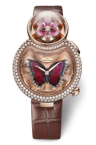 <strong>レディ ８ フラワー</strong> <br /><br />ケース｜ダイヤモンド付き18Kレッドゴールド<br /> 直径｜35mm<br /> ムーブメント｜自動巻き（Cal.JD 615）<br /> 機能｜オートマタ（プッシュボタン操作で12時位置の花びらが開閉）<br /> ストラップ｜アリゲーター<br /> 防水性｜３気圧<br /> 限定数｜28本<br /> 発売時期｜10月以降（発売予定）<br /> 予価｜1848万9600円（税込み）<br />