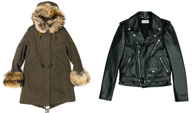 <strong>LITHIUM FEMME｜リチウムファム</strong><br />2015-16年秋冬コレクション　左／「OLMETEX」の生地を使った、袖がファーのモッズコート、右／ラムレザーのダブルのライダーズジャケット