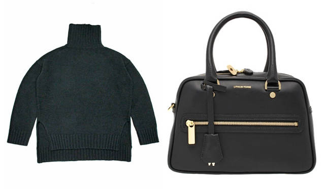 <strong>LITHIUM FEMME｜リチウムファム</strong><br />2015-16年秋冬コレクション　左／ニットワンピース、右／レザーのボストンバッグ