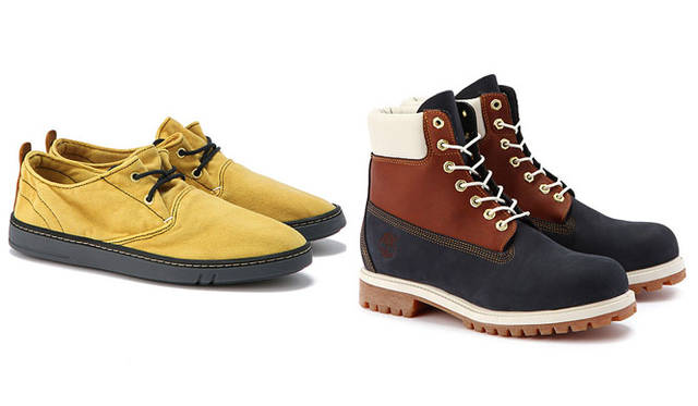 <strong>Timberland｜ティンバーランド</strong><br />「カスタムメイドオーダーシステム」　左／春日潤也オーダー「HOOKSET」、右／6インチブーツ（サンプル）