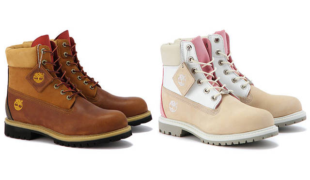 <strong>Timberland｜ティンバーランド</strong><br />「カスタムメイドオーダーシステム」　左／メンズ6インチブーツ（サンプル）、右／ウィメンズ6インチブーツ（サンプル）