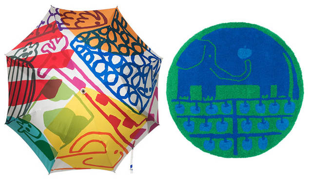 <strong>EXHIBITION｜鈴木マサルのテキスタイル　傘とラグとタオルと</strong><br/>左／「OTTAIPNU Umbrella & Parasol COLLECTION」avannah［60cm］1万2960円、右／「Masaru Suzuki × NEXT HOME COLLABORATION DESIGN RUG」ringonoki［90cm］3万240円