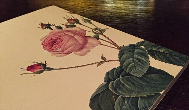 この本は2008年のルドゥーテ生誕250年記念の展覧会『薔薇空間』で購入したカタログの裏表紙。繊細なリアリティと幻想のあいだで揺れる官能的なタッチが個性的。刺の先までうつくしく魅せる技法がたまりません。2015年6月19日まで、日比谷図書文化館でルドゥーテの展覧会が開催されています。チェンバロの演奏会もおこなわれれているので、気になる方はぜひ足を運んでみては。