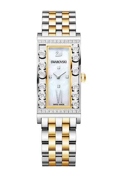 <strong>ラブリー クリスタル スクエア</strong><br />ケース｜ステンレススチール（左右のベゼルに計12個のジルコニア・ストーンをセット）<br />サイズ｜縦21×横43mm<br />ムーブメント｜クォーツ<br />ストラップ｜レザー<br />防水｜日常生活防水<br />発売時期｜発売中<br />価格｜7万9380円