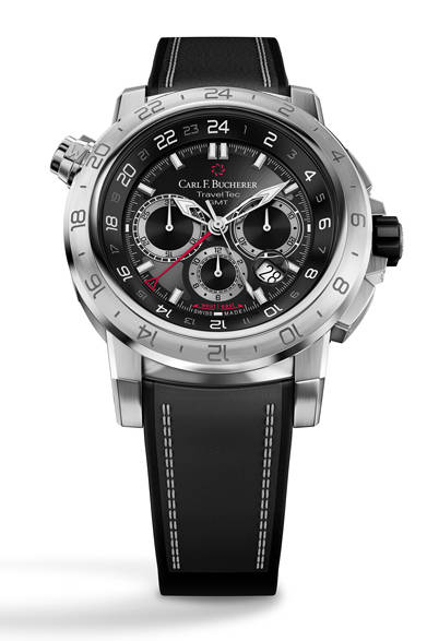 <strong>パトラビ トラベルテックII</strong><br />ケース｜ステンレススチール<br />直径｜47.4mm<br />厚さ｜15.9mm<br />ムーブメント｜自動巻き（Cal.CBF 1901.1）<br />機能｜クロノグラフ（30分積算計、12時間積算計）、第2時間帯表示（センターの24時間針とベゼルの24時間インデックス）、第3時間帯表示（インナーリングのインデックスを24時間針に合わせて使用）、日付表示<br />ストラップ｜ブラックラバー<br />防水｜100ｍ<br />発売時期｜2016年発売予定<br />予価｜181万4400円<br />