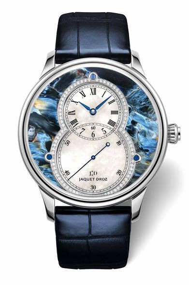 <strong>グラン・セコンド ピーターサイト</strong><br />ケース｜18Kホワイトゴールド<br />直径｜43mm<br />ムーブメント｜自動巻きムーブメント（Jaquet Droz 2663）<br />パワーリザーブ｜68時間<br />ストラップ｜アリゲーター<br />価格｜379万800円