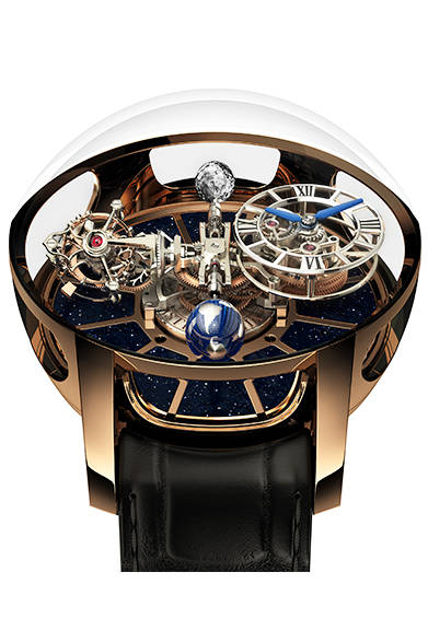 <strong>アストロノミア トゥールビヨン</strong><br />ケース｜ダイヤ付き18Kローズゴールド<br />直径｜50mm<br />厚さ｜25mm<br />ムーブメント｜手巻き（Cal.JCEM01）<br />機能｜時刻表示、地球儀、ダイヤモンド球体、3アクシス <br />ストラップ｜アリゲーター<br />防水｜30ｍ<br />限定数｜18本<br />価格｜7300万円<br />