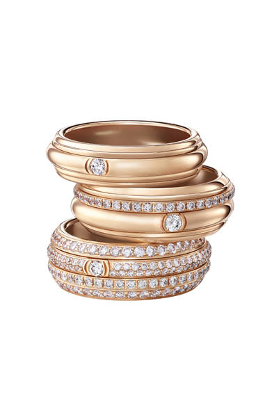 ピンクゴールドとダイヤモンドが美しく調和。POSSESSIONリング上から、28万5120円、64万6600円、202万5000円