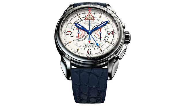 <strong>ヒストリアドール ヴェロ</strong><br />ケース｜ステンレススチール<br />直径｜44mm<br />厚さ｜13.65mm<br />ムーブメント｜自動巻き（Cal.8120）<br />機能｜クロノグラフ（30分積算計）、第2時間帯表示（センターの24時間針による）、日付表示<br />ストラップ｜アリゲーター＋アルカンタラ<br />防水｜3気圧<br />発売時期｜2015年秋予定<br />予価｜95万400円<br />