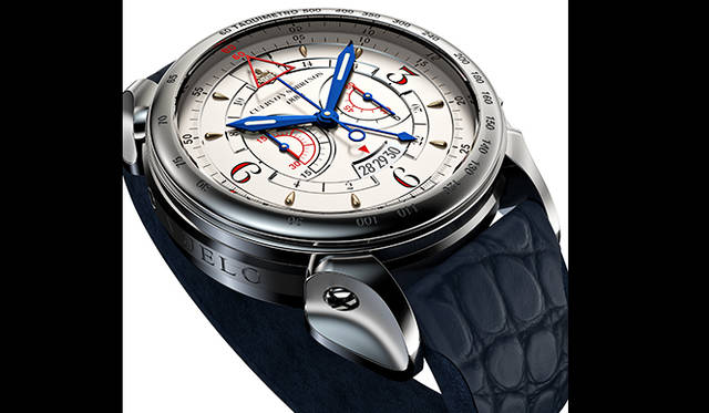 <strong>ヒストリアドール ヴェロ</strong><br />ケース｜ステンレススチール<br />直径｜44mm<br />厚さ｜13.65mm<br />ムーブメント｜自動巻き（Cal.8120）<br />機能｜クロノグラフ（30分積算計）、第2時間帯表示（センターの24時間針による）、日付表示<br />ストラップ｜アリゲーター＋アルカンタラ<br />防水｜3気圧<br />発売時期｜2015年秋予定<br />予価｜95万400円<br />