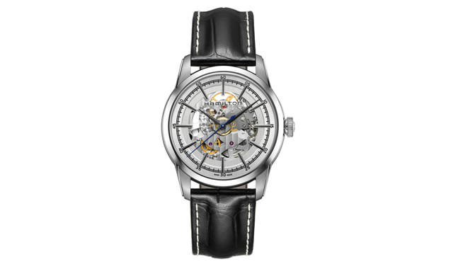 <strong>レイルロード スケルトン</strong><br /> <br /> ケース｜ステンレススチール<br /> 直径｜42mm<br /> ムーブメント｜自動巻き（Cal.H-10-S）<br /> ストラップ｜カーフ<br /> 防水｜５気圧<br /> 発売時期｜11月発売予定<br /> 価格｜15万9840円<br />