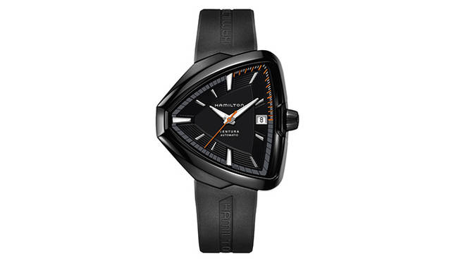 <strong>ベンチュラ 80 オート</strong><br />ケース｜ブラックPVD加工ステンレススチール<br />サイズ｜縦44.6×42.5mm<br />ムーブメント｜自動巻き（Cal.H-10）<br />機能｜日付表示<br />ストラップ｜ブラックラバー<br />防水｜5気圧<br />発売時期｜12月予定<br />価格｜17万3880円<br />