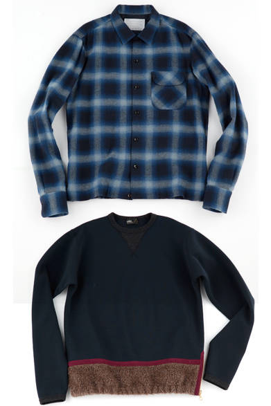 チェックのネルシャツは、ヘリンボーンを先染めすることで深みのある表情と、柔らかなタッチをもたらした。ウールポンチのトップスは、ネックにVガゼットを施し、裾を異素材に切り替えることでほのかなモード感を演出。 <br><br>  シャツ3万4560円、プルオーバー4万2120円／カラー<阪急メンズ大阪2階『ガラージュ D.エディット』>