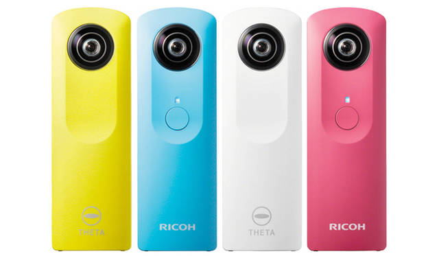<strong>「RICOH THETA（m15）」</strong><br>ホワイトのほかに、ビビッドなイエロー、ブルー、ピンクの3色をラインナップ<br><br><strong>リコーイメージング　お客様相談センター</strong><br>Tel. 0570-001313<br>http://theta360.com/ja/<br>