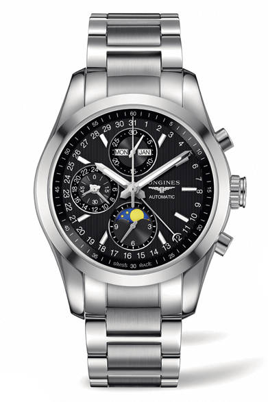 <strong>コンクェスト クラシック ムーンフェイズ</strong><br>ケース｜ステンレススチール（L2.798.4.52.6）<br />直径｜42mm<br />ムーブメント｜自動巻き（Cal.L678）<br />機能｜クロノグラフ（30分積算計、12時間積算計）、月齢表示、24時間計、月表示、曜日表示、ポインター式日付表示<br />ブレス｜ステンレススチール<br />防水｜5気圧<br />税込価格｜43万8480円